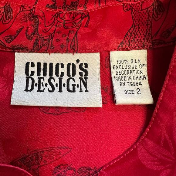 Vintage Chico's Asian Design Silk Button Down Shirt Red & Black sz 2= L - Picture 6 of 8